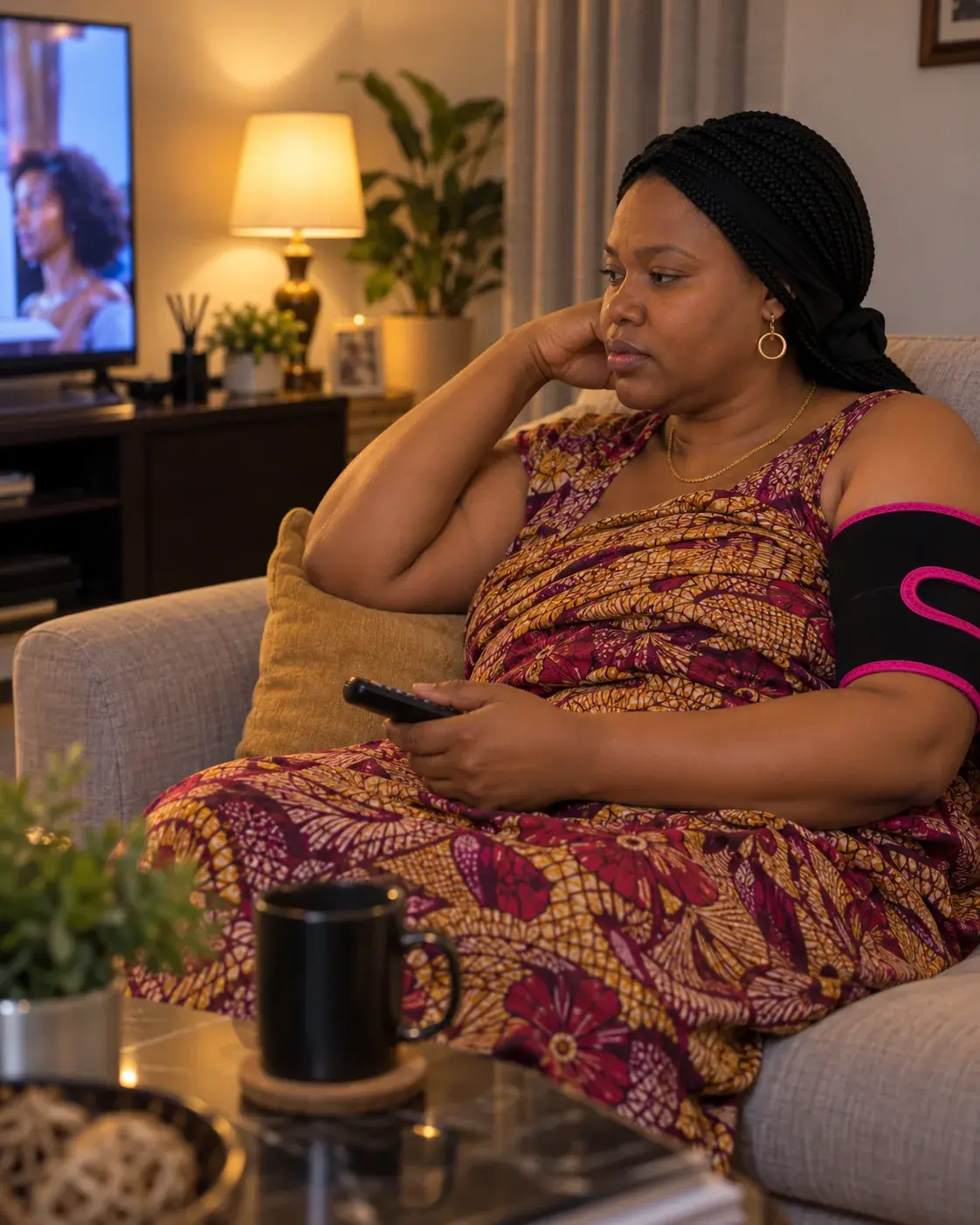 Woman relaxing in the evening wearing the strap