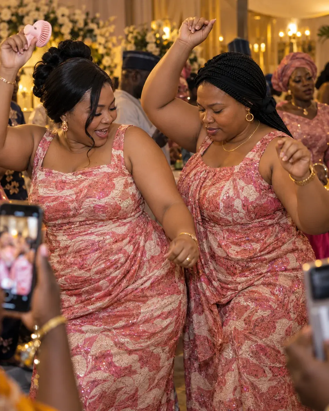 Two women dancing at a December owambe in sleeveless aso ebi